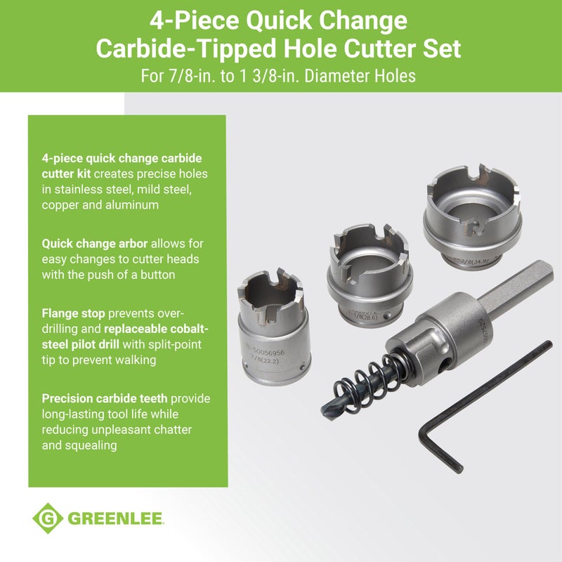 Greenlee 655 4-Piece Quick Change Carbide-Tipped Hole Cutter Set, 7/8" - 1-3/8" - Image 3